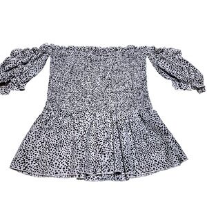 Dalmatian Print Off‎ Shoulder Smocked Mini Dress Ruffle Sleeve Flounce